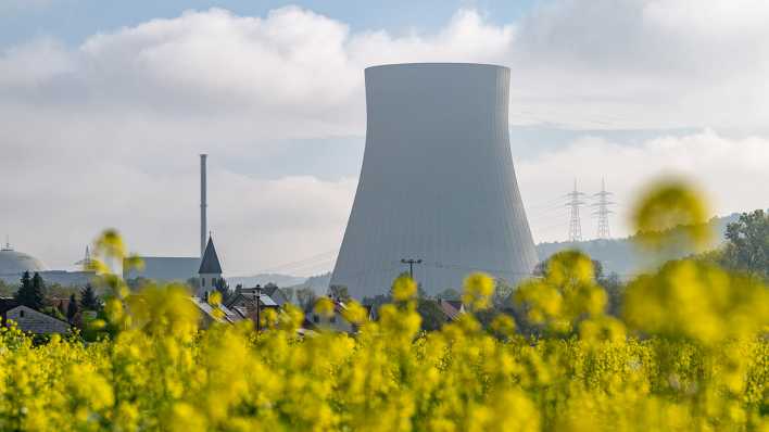 Rapsblüten vor dem Kernkraftwerk Isar 2.