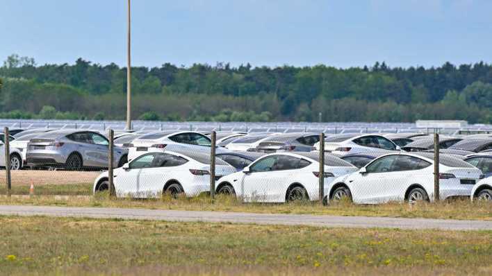 Neue Elektrofahrzeuge vom Typ Model Y stehen auf dem dem Flugplatz Neuhardenberg (Bild: picture alliance/dpa/Patrick Pleul)