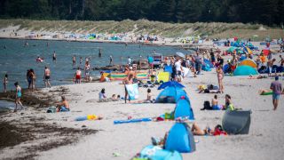 Bei sonnigem Wetter liegen viele Menschen an einem Ostseestrand.