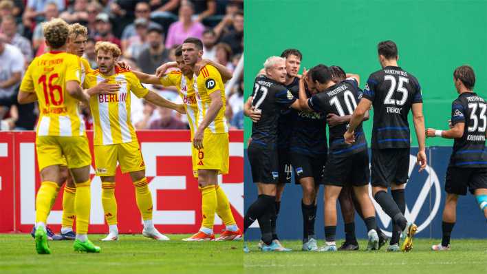 Collage: Spieler von Union und Hertha jubeln nach ihren jeweiligen Siegen im DFB-Pokal