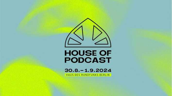 Das Logo des Events "House of Podcast" in Dreiecksform mit grüner und blauer Farbe.