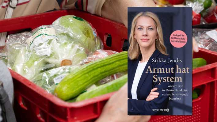 Montage: Mitarbeiter der Tafel bei der Lebensmittelausgabe und Buchcover "Armut hat System" von Sirkka Jendis