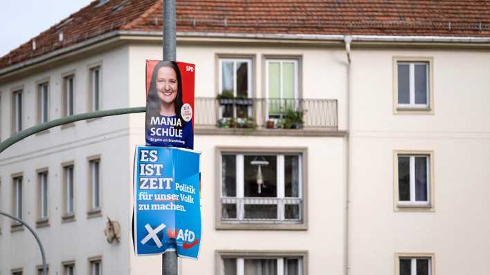 Wahlplakate der SPD und der AfD zur bevorstehenden Landtagswahl in Brandenburg in Potsdam.