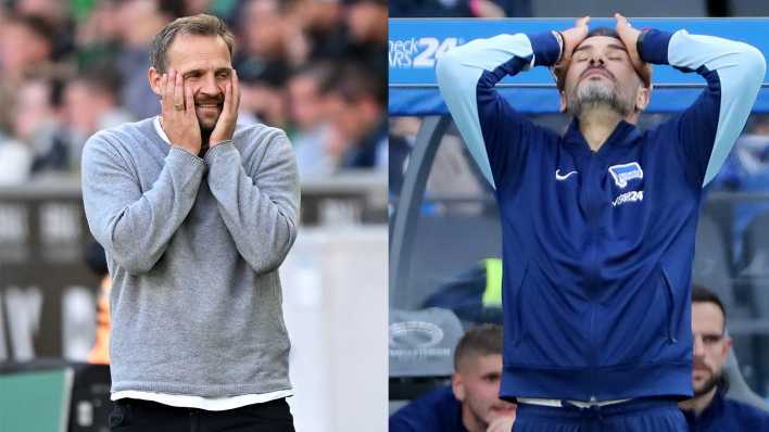 Collage: Union-Trainer Svensson und Hertha-Coach Fiel, beide entsetzt