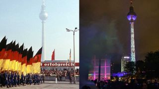 Collage Berlin Fernsehturm 1969/2024: Festumzug zum XX.Jahrestag der DDR am 7.10.1969, Festival of Lights 2024 (Bild: imago images/Werne Schulze // picture alliance/Max Patzig/Geisler-Fotopress)