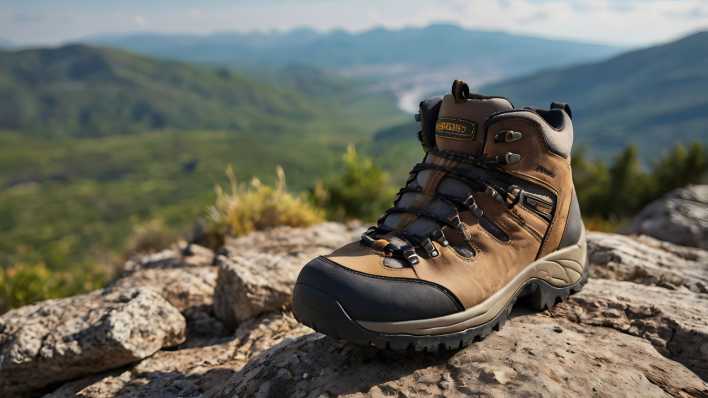 Trekking-Stiefel auf einem Felsen vor Landschaft