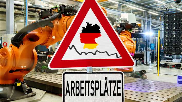 Warnschild mit Deutschlandkarte und Aufschrift "Arbeitsplätze"