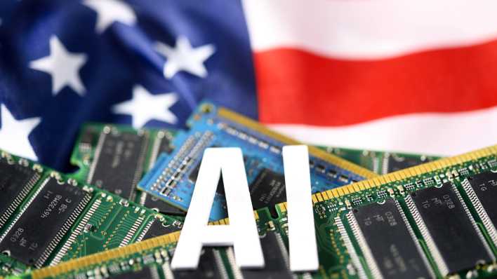 Schriftzug AI auf Computerchips und USA-Fahne, Symbolfoto für das amerikanische KI-Projekt Stargate