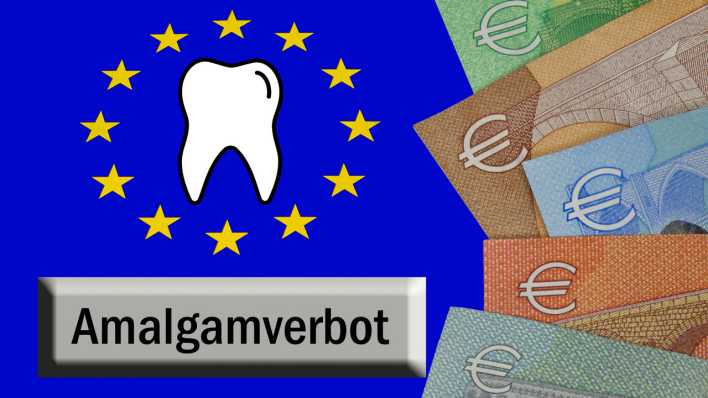 EU-Symbol mit Schriftzug Amalgamverbot sowie Geldscheinen und Zahnsymbol