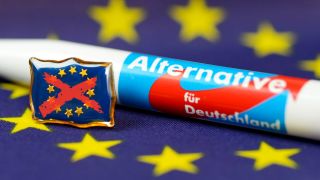 AfD-Kugelschreiber und durchgestrichene EU-Fahne (Bild: picture alliance/CHROMORANGE/Christian Ohde)