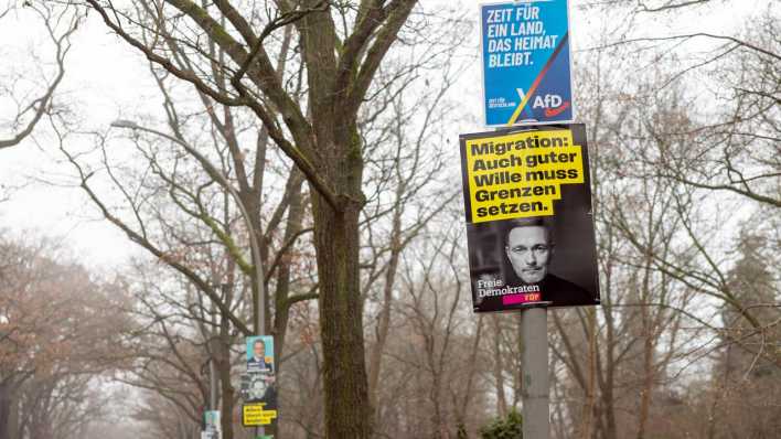 Wahlplakate für die Bundestagswahl 2025 der politischen Parteien der FDP und Alternative für Deutschland (AfD).