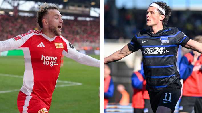 Benedict Hollerbach (Union) und Fabian Reese (Hertha) bejubeln ihre Tore